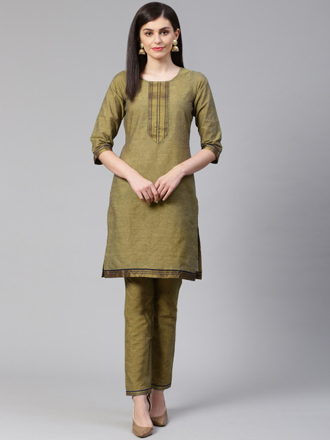 

Jompers Women Olive Green Woven Design Kurta with Trousers