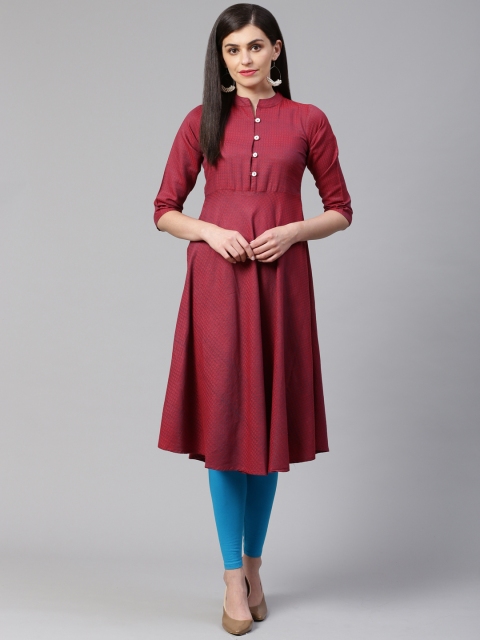 

Jompers Women Maroon & Blue Woven Design Jacquard Weave A-Line Kurta