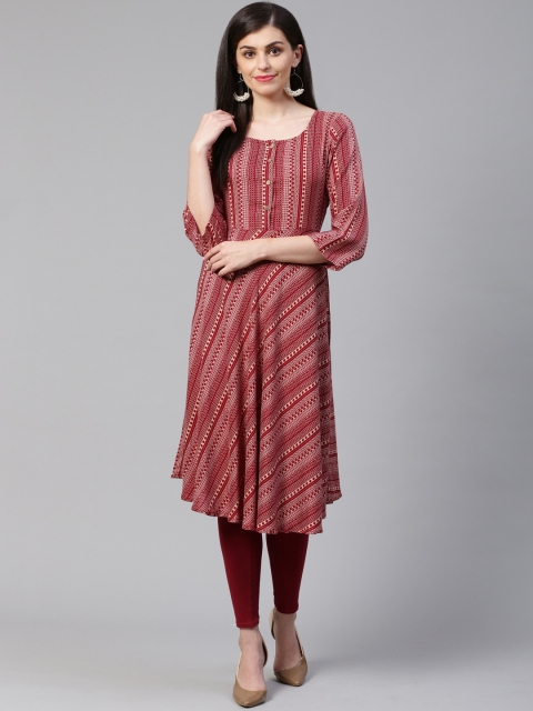 

Jompers Women Maroon & Beige Striped Fusion A-Line Kurta