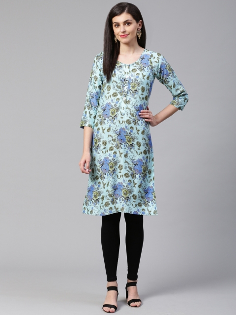 

Jompers Women Blue & Green Floral Print Straight Kurta