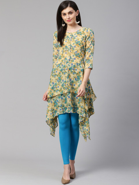 

Jompers Women Beige & Blue Floral Print Layered Asymmetric A-Line Kurta