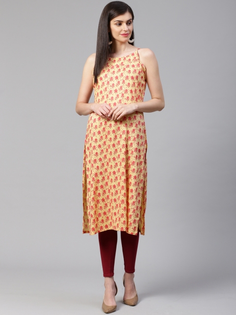 

Jompers Women Yellow & Pink Printed Shoulder Strap Straight Kurta