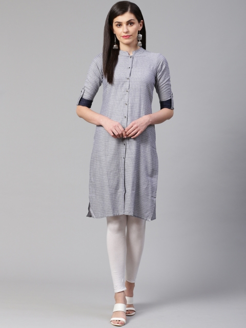 

Jompers Women Grey & Blue Jacquard Woven Design Straight Kurta