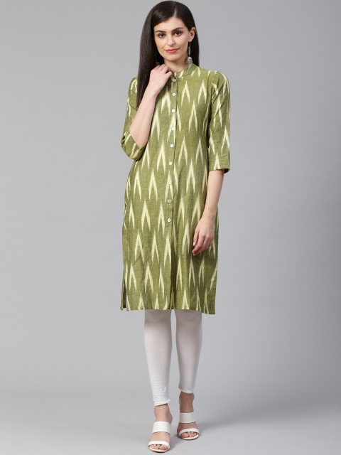 

Jompers Women Olive Green & Cream-Coloured Ikat Printed Straight Kurta