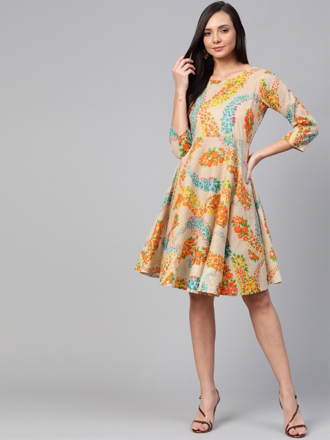 

Jompers Women Beige & Orange Floral Print A-Line Dress