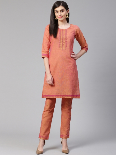 

Jompers Women Orange & Pink Dual-Toned Yoke Design Kurta with Trousers