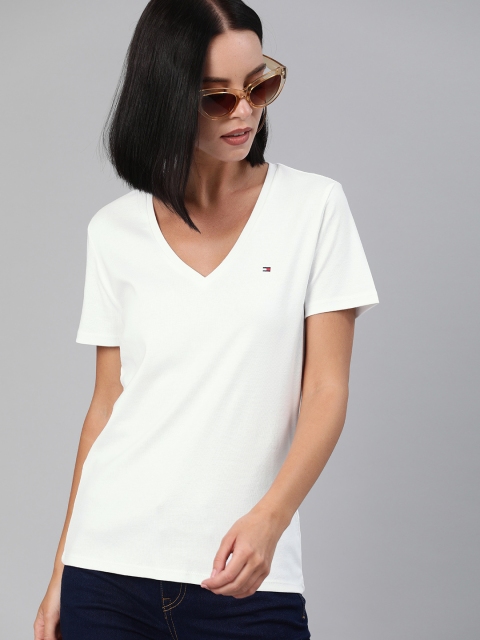 

Tommy Hilfiger Women White Solid V-Neck T-shirt