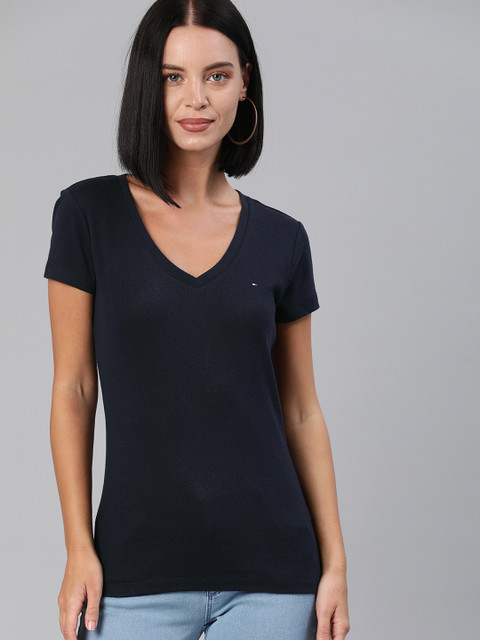 

Tommy Hilfiger Women Navy Blue Solid V-Neck T-shirt