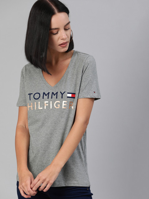 

Tommy Hilfiger Women Grey Melange Printed V-Neck T-shirt
