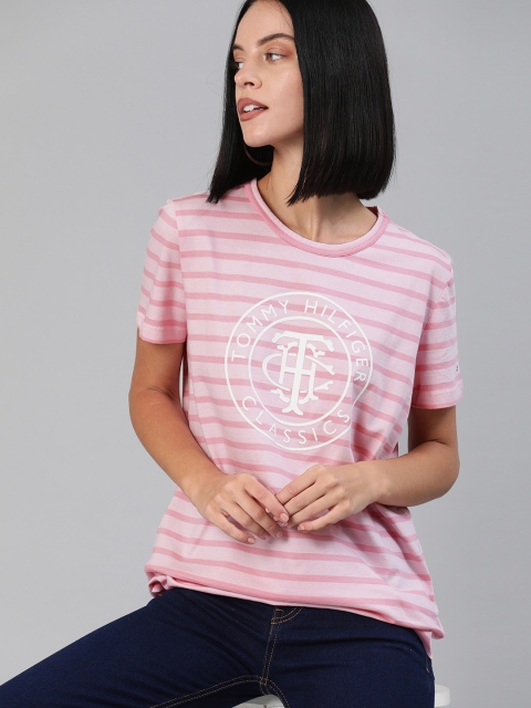 

Tommy Hilfiger Women Pink Striped Round Neck T-shirt