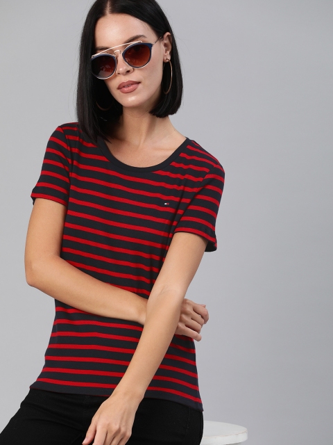 

Tommy Hilfiger Women Red & Navy Blue Striped Round Neck T-shirt