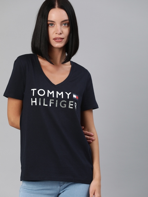 

Tommy Hilfiger Women Navy Blue & White Printed V-Neck T-shirt