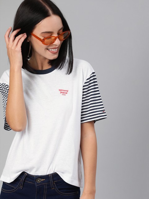 

Tommy Hilfiger Women White Solid Round Neck T-shirt with Striped Sleeves