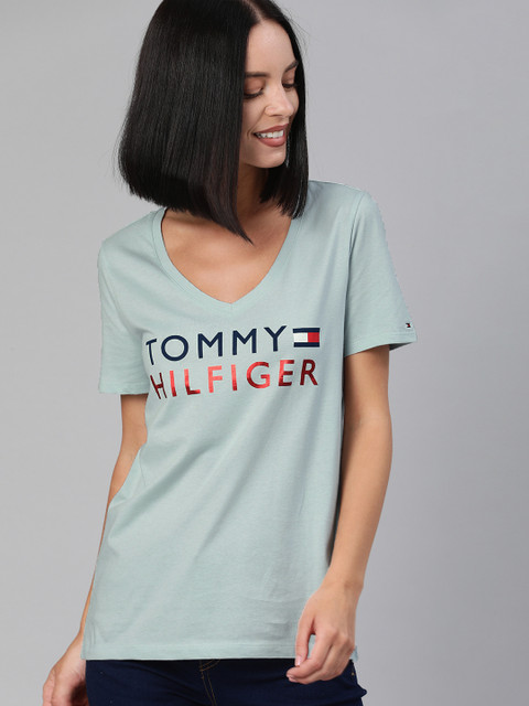 

Tommy Hilfiger Women Blue Printed V-Neck T-shirt