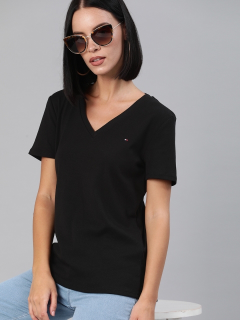 

Tommy Hilfiger Women Black Solid V-Neck T-shirt