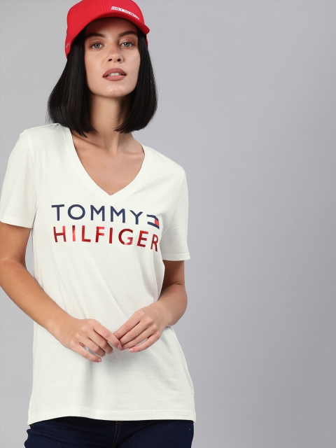 

Tommy Hilfiger Women White Printed V-Neck T-shirt