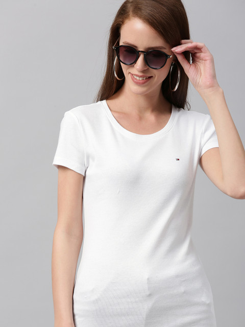 

Tommy Hilfiger Women White Solid Round Neck T-shirt