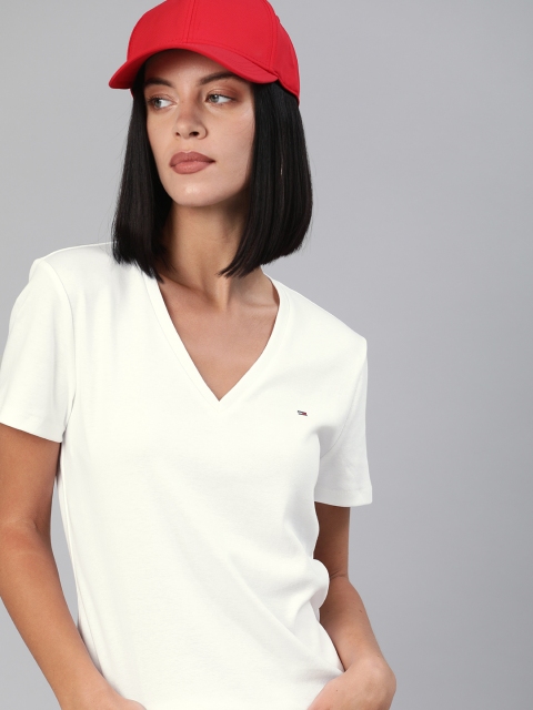 

Tommy Hilfiger Women White Solid V-Neck T-shirt