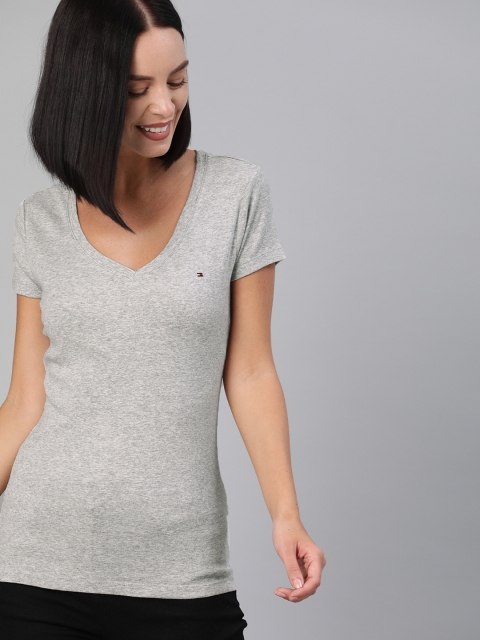 

Tommy Hilfiger Women Grey Melange Solid V-Neck T-shirt