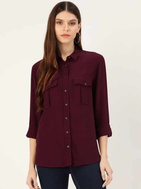 

MANGO Women Burgundy Regular Fit Solid High-Low Casual Shirt