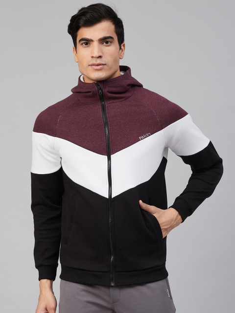 

Fitkin Men Black & Burgundy Colourblocked Hooded Gym Sweatshirt