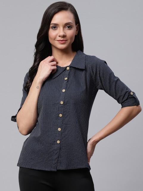 

YASH GALLERY Women Navy Blue & White Regular Fit Striped Casual Shirt