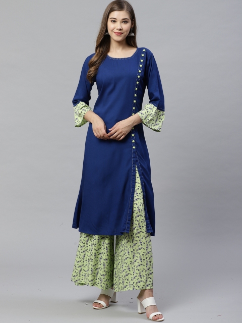 YASH GALLERY Women Blue & Green Solid Kurta with Palazzos