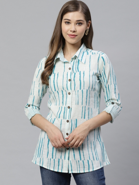 

YASH GALLERY Women White & Sea Green Regular Fit Striped Casual Shirt