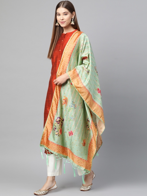 

SUTRAM Sea Green & Orange Floral Digital Printed Dupatta