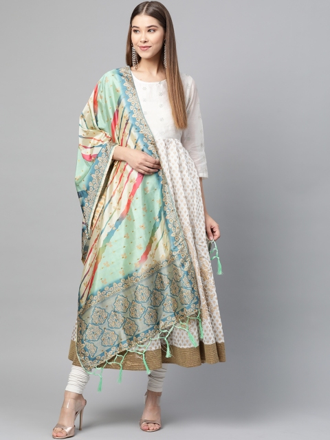 

SUTRAM Green & Cream-Coloured Digital Leheriya Printed Dupatta