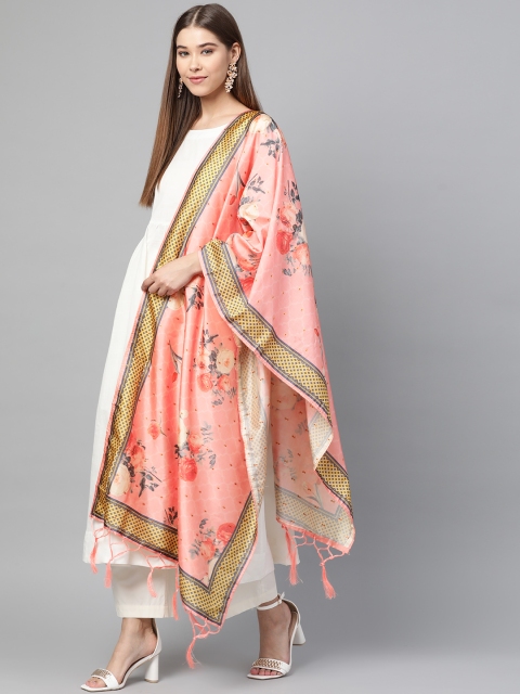 

SUTRAM Peach-Coloured & Grey Digital Floral Print Dupatta, Pink