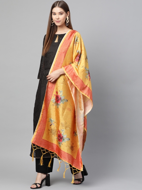 

SUTRAM Mustard Yellow & Coral Red Digital Floral Print Dupatta