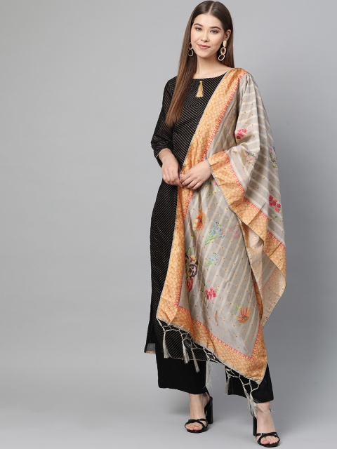 

SUTRAM Grey & Off-White Striped Dupatta with Digital Print