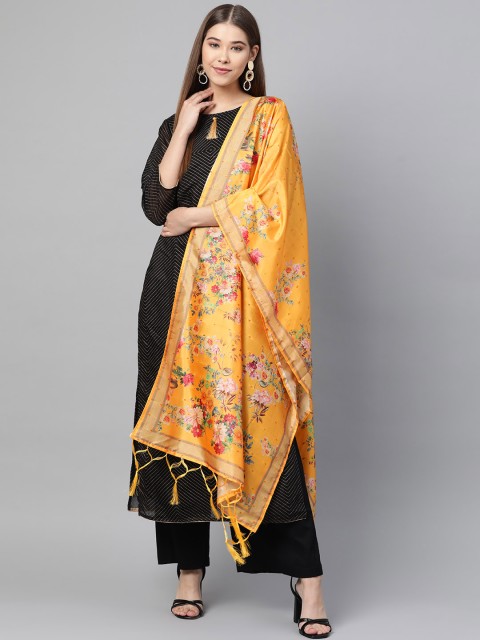 

SUTRAM Mustard Yellow & Pink Digital Floral Print Dupatta