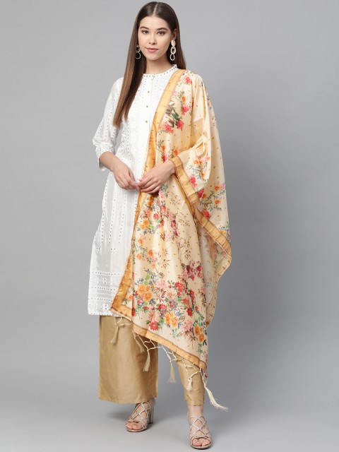 

SUTRAM Cream-Coloured & Pink Digital Floral Printed Dupatta