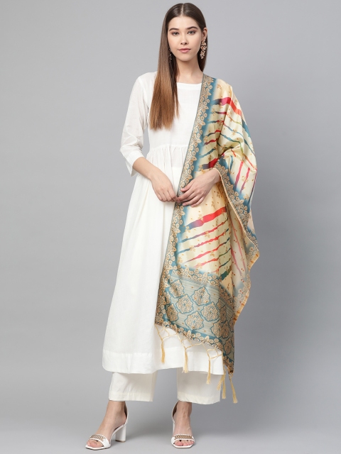 

SUTRAM Beige & Blue Digital Leheriya Print Dupatta