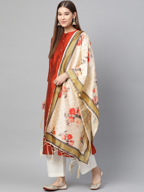 

SUTRAM Cream-Coloured & Orange Floral Digital Printed Dupatta