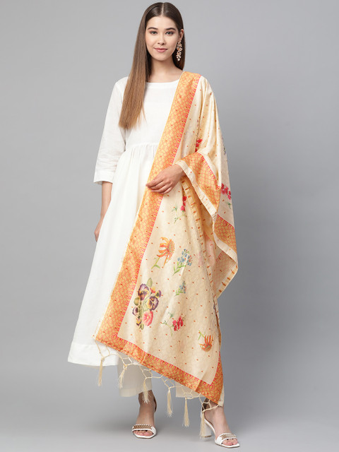 

SUTRAM Cream-Coloured & Red Digital Floral Printed Dupatta