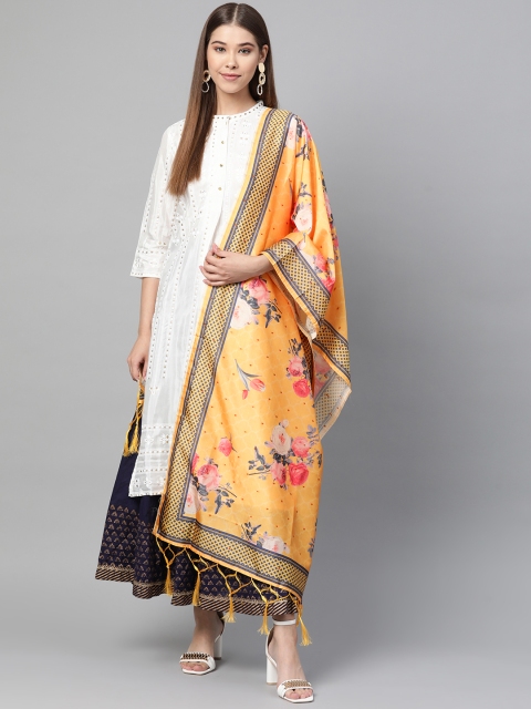 

SUTRAM Mustard Yellow & Peach-Coloured Digital Floral Print Dupatta