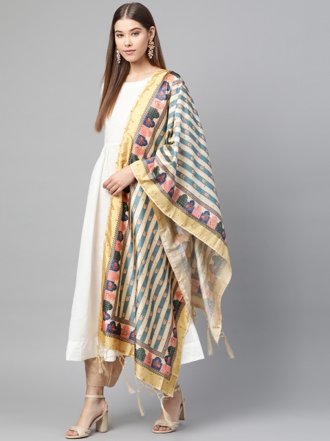 

SUTRAM Cream-Coloured & Teal Blue Digital Printed Dupatta