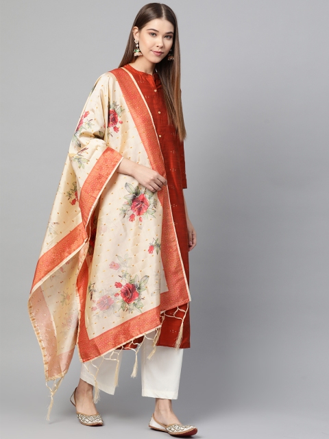 

SUTRAM Cream-Coloured & Orange Floral Digital Printed Dupatta