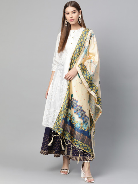 

SUTRAM Cream-Coloured & Green Digital Print Dupatta