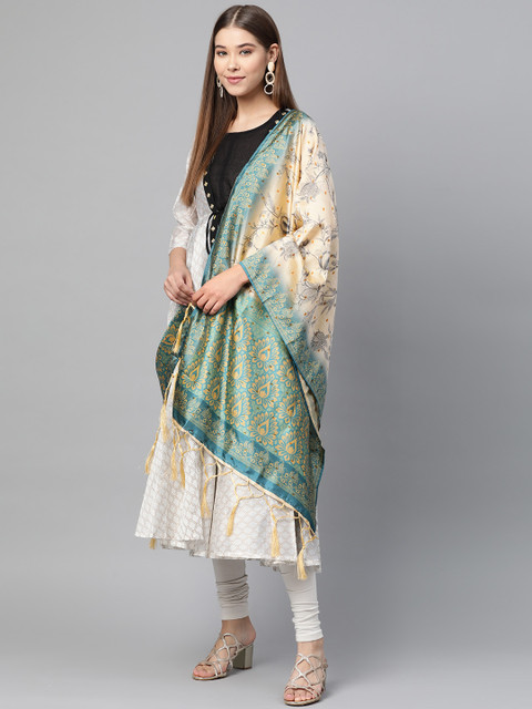 

SUTRAM Cream-Coloured & Grey Digital Floral Printed Dupatta