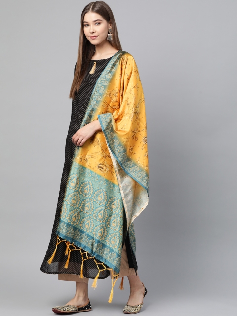 

SUTRAM Mustard Yellow & Teal Blue Digital Print Dupatta