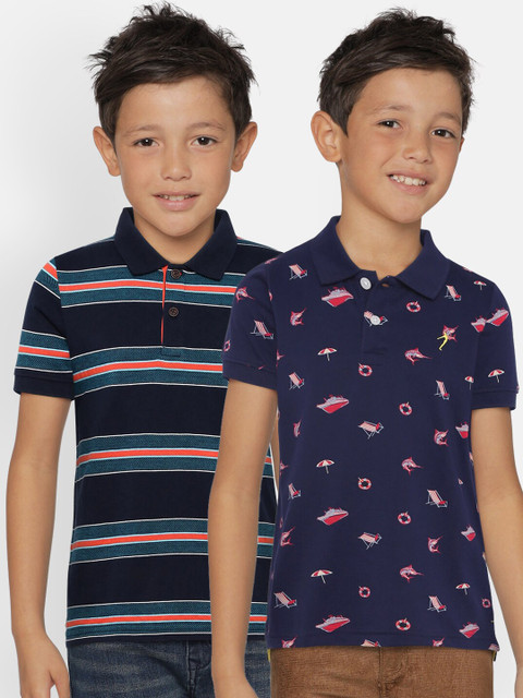 

Indian Terrain Boys Set of 2 Navy Blue Printed Polo Collar T-shirts