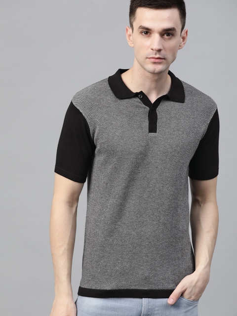 

Roadster Men Grey & Black Self Design Polo Collar T-shirt