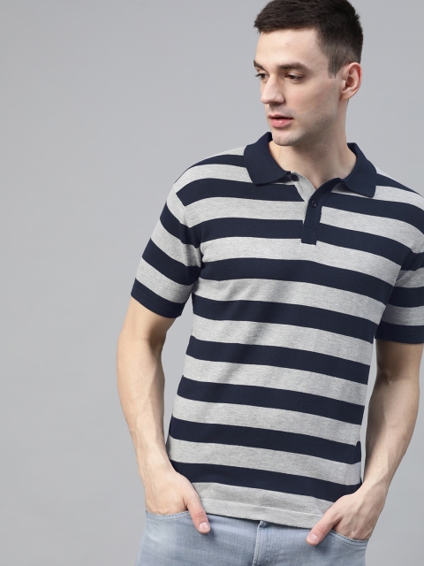 

Roadster Men Navy Blue & Grey Melange Striped Polo Collar T-shirt