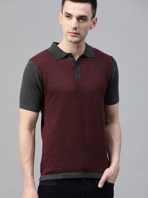 

Roadster Men Maroon & Charcoal Grey Self Design Polo Collar T-shirt