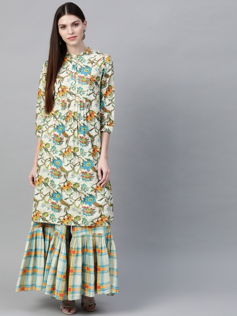 

Sangria Women Cream-Coloured & Blue Printed Kurta with Sharara