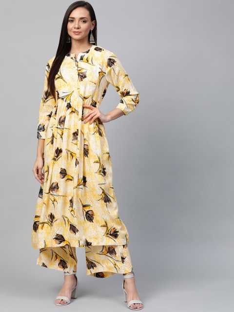 

Sangria Women Yellow & Navy Blue Floral Print Kurta with Palazzos